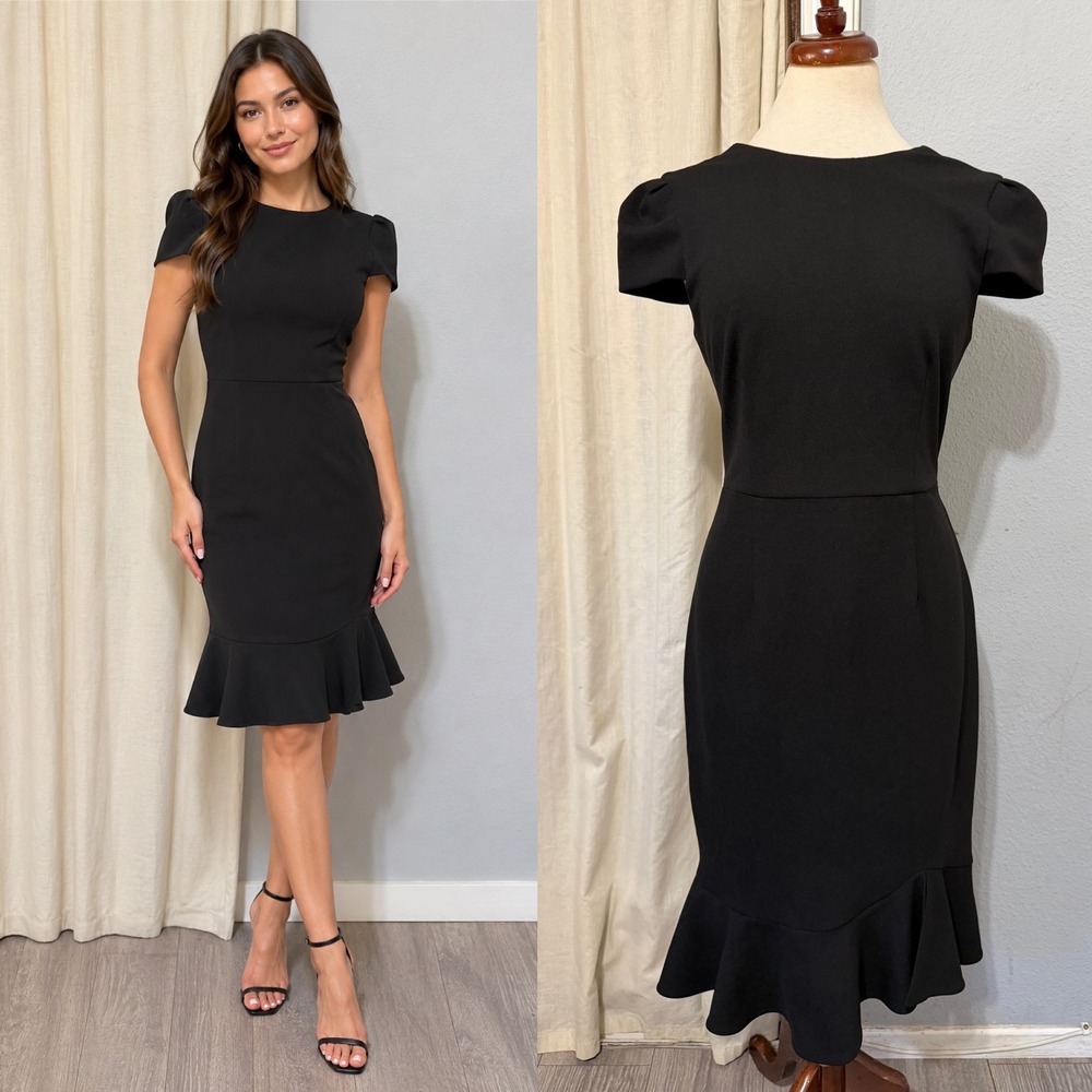 Sage Collective Black Dress Size 8 Flounce Hem Puff Sleeve Sheath Dress LBD Midi